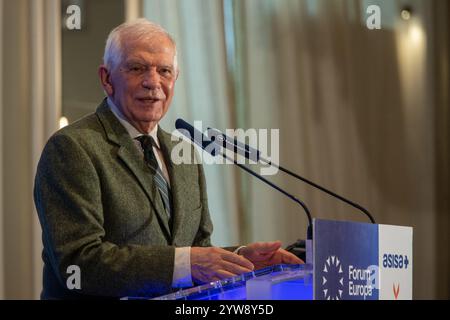 Madrid, Espagne. 10 décembre 2024. Petit déjeuner d'information organisé à Madrid par Fórum Europa, où Josep Borrell, Haut Représentant de l'Union pour les affaires étrangères et la politique de sécurité et Vice-Président de la Commission européenne (2019-2024) était le protagoniste. Crédit : D. Canales Carvajal/Alamy Live News Banque D'Images