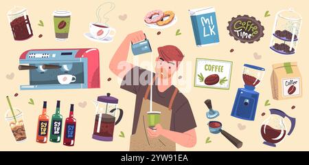 Autocollants pour barista. Matériel de travail de baristas de bande dessinée, machine à café vintage café d'affaires tasse espresso préparation lait aromatique boisson chaude, set chic illustration vectorielle illustration originale Illustration de Vecteur