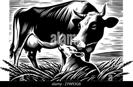 Illustration en noir et blanc d'une vache allaite son veau, qui est plus petit et plus délicat. La vache est grande et forte, avec une expression douce sur lui Illustration de Vecteur