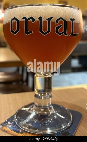 Bruxelles, Belgique - 8 décembre 2024 ; illustration éditoriale de trappist d'Orval servie dans un verre sur table Banque D'Images