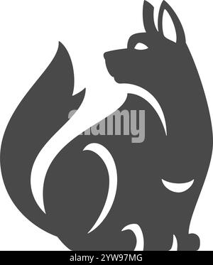 Chien canin assis avec pattes de queue à fourrure oreilles monochrome icône silhouette noire illustration vectorielle. Chien chiot loup renard animal domestique animal sauvage mamma Illustration de Vecteur