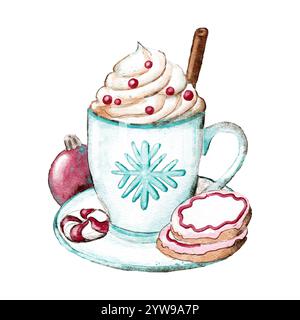 Illustration d'aquarelle dessinée à la main de boisson de cappuccino de café à la crème fouettée. Menu café cappuccino Café d'hiver de Noël, savoureux art saisonnier beige doux brun, dessert blanc crème bio des fêtes Banque D'Images