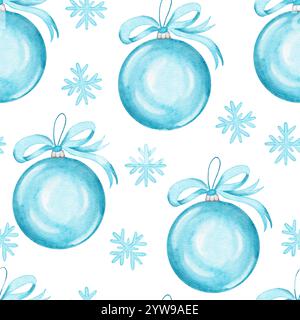 Ornement boule bleu turquoise à motif aquarelle dessinée à la main avec flocons de neige. Décembre joyeuses fêtes élégant ornement suspendu d'arbre, style de décoration de décor. Banque D'Images