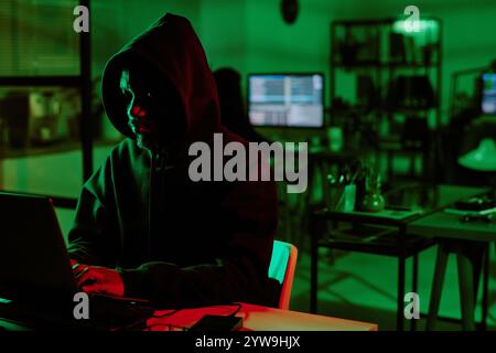 Photo moyenne gros plan f web criminel dans la chambre avec des lumières vertes non lumineuses Banque D'Images