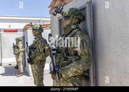 Commandos turcs, équipés de lunettes de vision nocturne, d'un viseur holographique, d'un pointeur laser, d'une caméra thermique et du fusil d'assaut MPT-55K. Banque D'Images