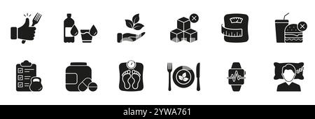 Ensemble d'icônes Silhouette de mode de vie sain et de nutrition, avec des symboles de glyphe de régime, d'hydratation et de bien-être. Pictogramme de gestion de l'exercice et du poids Illustration de Vecteur