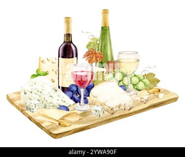 Vin rouge et collation servis sur une planche de bois. Bouteille, verre, raisins verts, brie et cheddar et figues. Composition pour la conception du menu de restaurant ou de la carte des vins. Clipart dans un style rustique. Banque D'Images