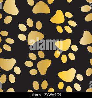 Cute Gold Cat patte imprime sur fond de papier peint textile de fond de motif vectoriel noir sans couture. Illustration vectorielle Illustration de Vecteur