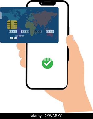 Paiement par carte dans le téléphone, paiement par carte avec mobile, paiement par carte approuvé dans le téléphone, cocher de paiement d'achat, smartphone Card Pay, coche verte Done Illustration de Vecteur