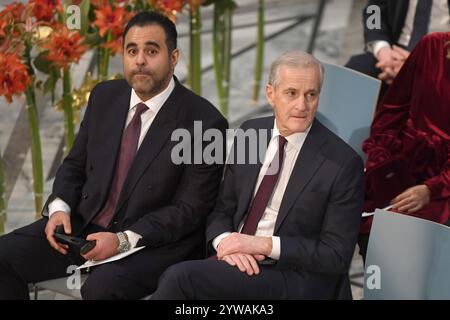 Oslo, Norvège. 10 décembre 2024. Le premier ministre norvégien Jonas Gahr Store assiste à la cérémonie du Prix Nobel de la paix pour le lauréat Nihon Hidankyo (Confédération japonaise des organisations de victimes des bombes A et H) le 10 décembre 2024 à l'Institut du Prix Nobel de la paix à Oslo, en Norvège. Photo de Paul Treadway/ crédit : UPI/Alamy Live News Banque D'Images