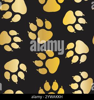 Cute Gold Dog Paw imprime avec des griffes sur fond de papier peint de motif vectoriel noir sans couture. Illustration vectorielle Illustration de Vecteur