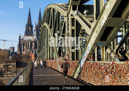 Cadenas sur la clôture du sentier pédestre du pont ferroviaire Hohenzollern, la cathédrale, Cologne, Allemagne. Vorhaengeschloesser als Liebesschloesser am Zaun en Banque D'Images