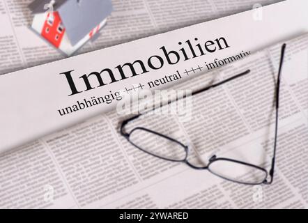 Zeitung für Immobilien Auf einer Tageszeitung mit Überschrift Immobilien liegt eine brille mit einem Modellhaus *** Journal pour l'immobilier sur un dai Banque D'Images