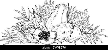 Papaye monochrome, kiwano, pitahaya, maracuja parmi les feuilles tropicales dessinées à la main composition peinte à l'encre noire. Fruits sucrés entiers et tranchés Illustration de Vecteur