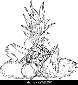 Ananas tropicaux aromatiques, papaye, kiwano, pitahaya, goyave et mélange de fruits de mangue dessiné à la main illustration vectorielle noir et blanc. Motif floral d'été monochrome Illustration de Vecteur