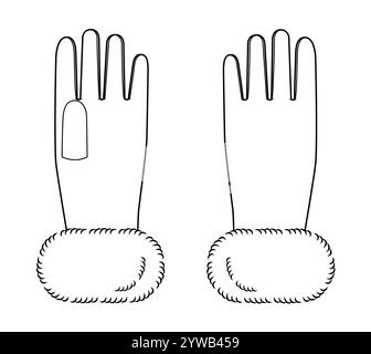 Fourrure gants poignet au-dessus de la longueur accessoire de mode main vêtements illustration technique vêtement. Vue arrière de paume avant de vecteur pour hommes, esquisse de maquette CAO de modèle plat de style de femme sur fond blanc Illustration de Vecteur