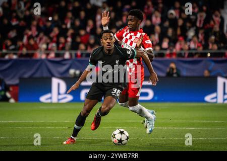 Gérone, France, Espagne. 10 décembre 2024. Ryan GRAVENBERCH de Liverpool et Yaser ASPRILLA de Gérone lors du match MD6 de l'UEFA Champions League, League phase MD6 entre Girona FC et FC Liverpool au stade Montilivi le 10 décembre 2024 à Gérone, Espagne. (Crédit image : © Matthieu Mirville/ZUMA Press Wire) USAGE ÉDITORIAL SEULEMENT! Non destiné à UN USAGE commercial ! Banque D'Images