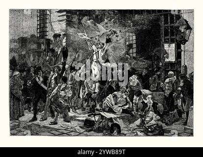 Une ancienne gravure des vainqueurs de la prise de la Bastille, Paris, France en 1789. Il est tiré d'un livre d'histoire victorienne de c.1900. L'assaut prend le 14 juillet 1789, lorsque les insurgés révolutionnaires tentent de prendre le contrôle de la forteresse et de la prison connue sous le nom de Bastille. Après quatre heures de combats et 94 morts, les insurgés sont entrés dans la Bastille. Le gouverneur de Launay et plusieurs membres de la garnison furent tués après la reddition. Il a été vu par les révolutionnaires comme un symbole de l'abus de pouvoir de la monarchie. Sa chute fut le point d'éclair de la première Révolution française. Banque D'Images