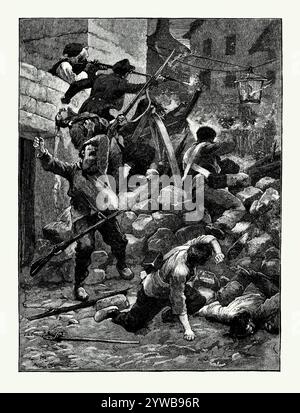 Une ancienne gravure de révolutionnaires aux barricades pendant la troisième Révolution française, Paris, France en 1848. Il est tiré d'un livre d'histoire victorienne de c.1900. La Révolution de février est une période de troubles civils. À Paris, le 22 février, une manifestation contre le gouvernement de François Guizot a commencé, se développant plus tard en un violent soulèvement contre la monarchie. Après d'intenses combats urbains, de grandes foules ont réussi à prendre le contrôle de la capitale, ce qui a conduit à l'abdication du roi Louis Philippe le 24 février et à la proclamation de la seconde République. Banque D'Images
