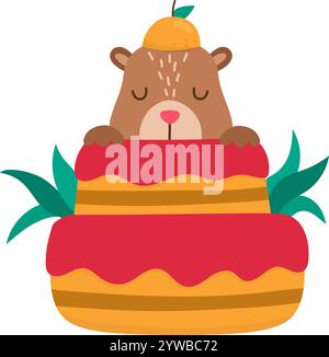 Icône capybara vectorielle. Mignon capibara assis dans un gâteau à la mandarine avec les yeux fermés. Illustration drôle d'animal heureux isolé sur fond blanc. Bande dessinée tr Illustration de Vecteur