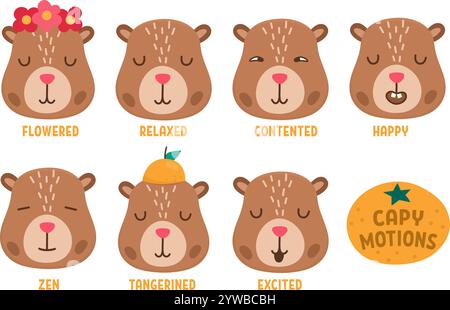 Ensemble capybara vectoriel. Collection de têtes capibara mignonnes montrant différentes émotions et sentiments. Cobayes drôles détendus, satisfaits, excités, zen, excit Illustration de Vecteur