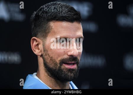 Novak Djokovic (Serbie) lors d’une conférence de presse précédant l’exposition et le match d’adieu de Juan Martin del Potro. Banque D'Images