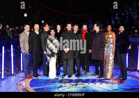 (De gauche à droite) Toby Ascher, Neal H. Moritz, James Marsden, Colleen O'Shaughnessey, Krysten Ritter, Ben Schwartz, Jeff Fowler, Keanu Reeves, Jim Carrey, Tika Sumpter et Lee Majdoub assistent à la conférence photo de Sonic the Hedgehog 3 au Riverside Building, County Hall à Londres. Date de la photo : mardi 10 décembre 2024. Banque D'Images