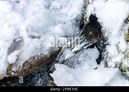 Un jet d'eau coule d'une canalisation dans un paysage enneigé, vue rapprochée Banque D'Images