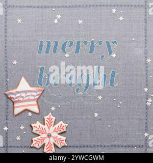 Motif carte de Noël brodé « Merry and Bright » Banque D'Images