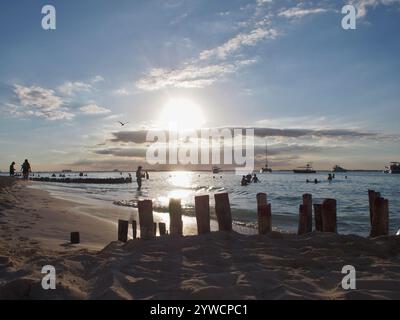 Les gens nagent dans l'océan pendant le coucher du soleil tôt à Playa Norte, Isla Mujeres, Quintana Roo, Mexique. Concept : vacances tropicales, vacances de rêve Banque D'Images
