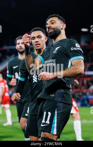 Barcelone, Espagne. 10 décembre 2024. Mohamed Salah célèbre après avoir marqué un but lors du match de l'UEFA Champions League entre Girona FC et Liverpool FC au stade Montilivi. Crédit : Christian Bertrand/Alamy Live News Banque D'Images