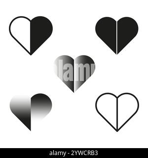 Icônes de coeur noir et blanc. Symboles de cœur dégradés. Formes vectorielles minimalistes. Motifs de contour de coeur. Illustration de Vecteur