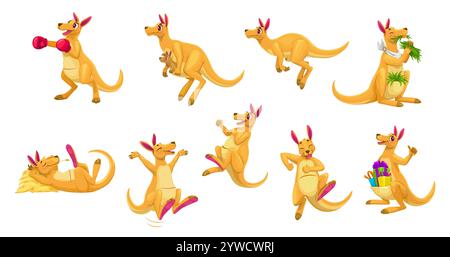 Dessins animés personnages d'animaux kangourou drôles dans différentes poses et activités comme la boxe, sauter, se détendre, porter des joies, manger, et tenir des cadeaux. Ensemble vectoriel de personnages drôles pour le livre d'enfants Illustration de Vecteur