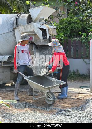 Pattaya, Thaïlande le 29 novembre 2024, deux travailleurs qualifiés collaborent à l'installation de béton de timbre décoratif, mettant en valeur des conceptions complexes. Banque D'Images