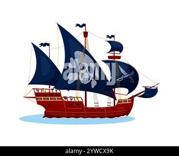 Bateau pirate naviguant dans des eaux calmes. Le vaisseau corsaire vectoriel de dessin animé isolé présente des voiles sombres ornées de crâne et d'os croisés, évoque l'aventure, l'attrait de la mer et le mystère des traditions pirates Illustration de Vecteur