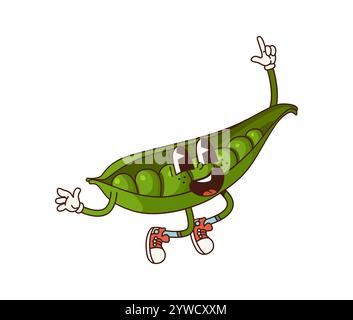 Personnage de légumes de pois groovy sautant joyeusement, affichant des grains juteux à l'intérieur de la gousse verte ouverte. Vecteur de bande dessinée isolé personnage veg ludique portant des baskets, transmet une ambiance saine et amusante de manger Illustration de Vecteur