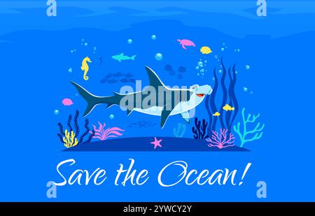 Bannière de journée mondiale des océans avec requin marteau sous-marin, fond vectoriel. Bannière de la Journée mondiale des océans pour la conservation de l'environnement en écologie de la mer, les animaux sous-marins et la protection des poissons de récifs coralliens Illustration de Vecteur