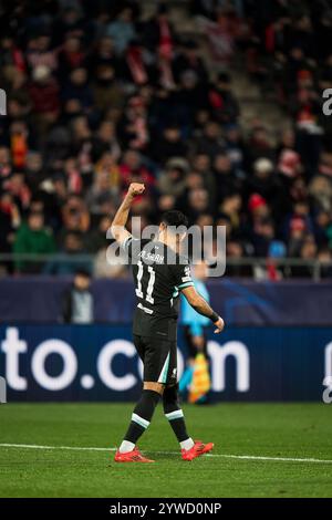 Gérone, Espagne. 10 décembre 2024. Mohamed Salah de Liverpool célèbre son but lors du match de football de l'UEFA Champions League entre Liverpool et Girona FC à Gérone, Espagne, 10 décembre 2024. Crédit : Joan Gosa/Xinhua/Alamy Live News Banque D'Images