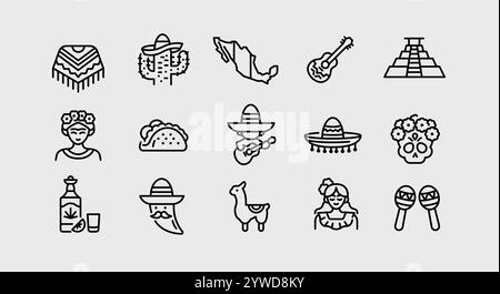 Jeu d'icônes Mexique Illustration de Vecteur