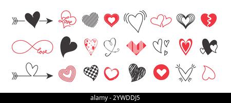 Ensemble clipart icône en forme de coeur Love pour la saint-valentin. Contour d'art clip coeur rouge et noir avec calligraphie, dessiné à la main et symbole de la saint-valentin doodle Illustration de Vecteur