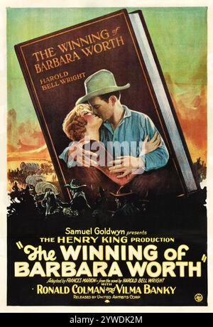 Affiche de film vintage pour la victoire de Barbara Worth, un film de WESTERN muet de 1926 - Harold Bell Wright - Ronald Colman et Vilma Banky Banque D'Images