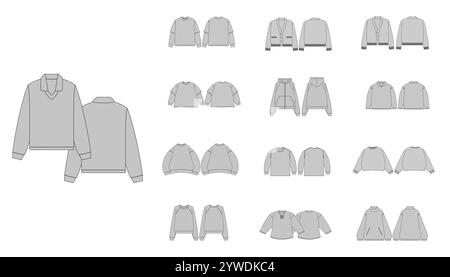 Streetwear Sweatshirts Collection illustration technique de la mode - modèles de vêtements plats de pull Zipper - ensemble de dessin technique de Cardigan avec fron Illustration de Vecteur