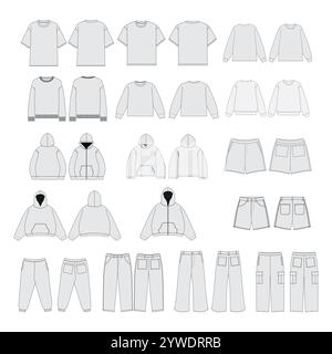 Ensemble de modèle de maquette de vêtements - vêtements vectoriels mockups Bundle Streetwear Tech Pack Template Streetwear mockups vêtements marque de mode TechPack Illustration de Vecteur