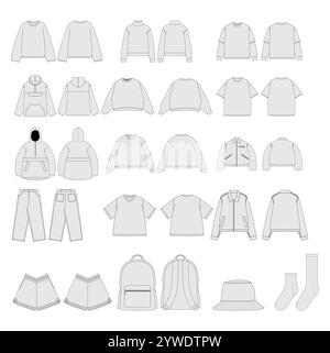 Ensemble de modèle de maquette de vêtements - vêtements vectoriels mockups Bundle Streetwear Tech Pack Template Streetwear mockups vêtements marque de mode TechPack Illustration de Vecteur