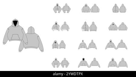 Streetwear Hoodie Collection illustration technique de la mode - modèles de vêtements plats à capuche Heavyweight Zip - dessin technique ensemble de sweats à capuche avec FR Illustration de Vecteur