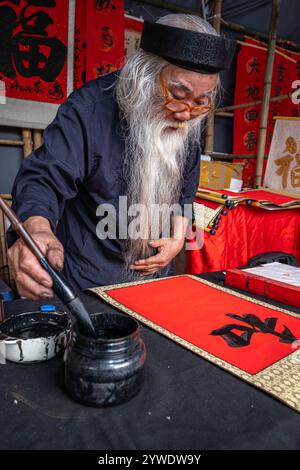 Vietnam, Hanoi, 2024-02-14, festival Têt, nouvel an chinois, vieil homme à longue barbe blanche, calligraphie, calligraphe, photographie de Jean-Yves Bardin Banque D'Images