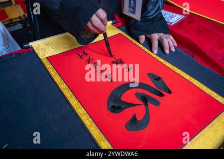 Vietnam, Hanoi, 2024-02-14, festival Têt, nouvel an chinois, calligraphie, calligraphe, pinceau, encre de chine, photographie de Jean-Yves Bardin Banque D'Images