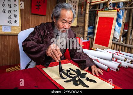 Vietnam, Hanoi, 2024-02-14, festival Têt, nouvel an chinois, calligraphie, calligraphe, temple de la littérature, photographie de Jean-Yves Bardin Banque D'Images