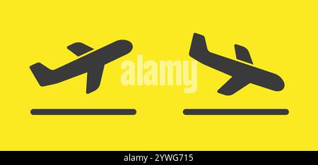 Jeu de symboles d'icône de plan de décollage et d'atterrissage. Arrivées, départs logo du panneau de transport aérien. Image vectorielle d'avion. Illustration du déplacement à plat. Isolé Illustration de Vecteur