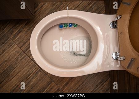 Le bloc de jante à l'intérieur d'une cuvette de toilette blanche et propre apporte fraîcheur et hygiène. Banque D'Images